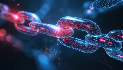 Digital chain link, futuristic and secure.  Complex network of interconnected links, glowing with red and blue light