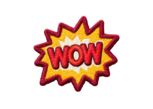 Embroidered patch with the word WOW on a transparent background. Concept of surprise, excitement, and expression.