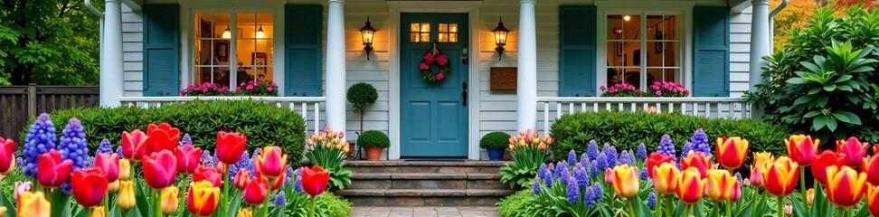 Fototapeta premium Quaint house entrance adorned with vibrant tulips showcasing beauty and charm.