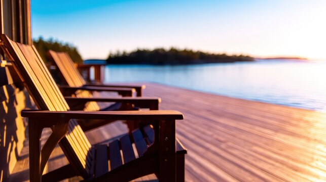 Serene lakeside view at sunset with wooden chairs on the deck overlooking calm waters