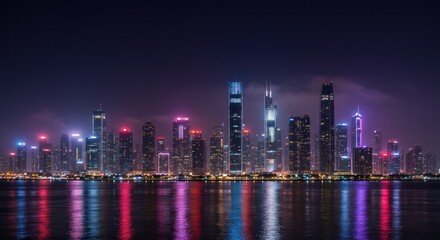Fototapeta premium City skyline at night with illuminated skyscrapers reflecting in water.