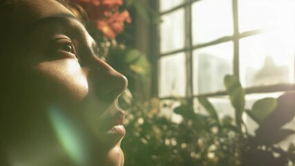 Peaceful person sunlight portrait warm colors contemplative mood