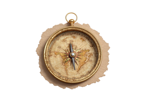 Vintage compass with a map on a transparent background. Concept of travel, exploration, and navigation.