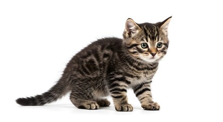 Obraz premium Adorable Tabby Kitten Posing Against White Background Studio Shot of a Young Cat