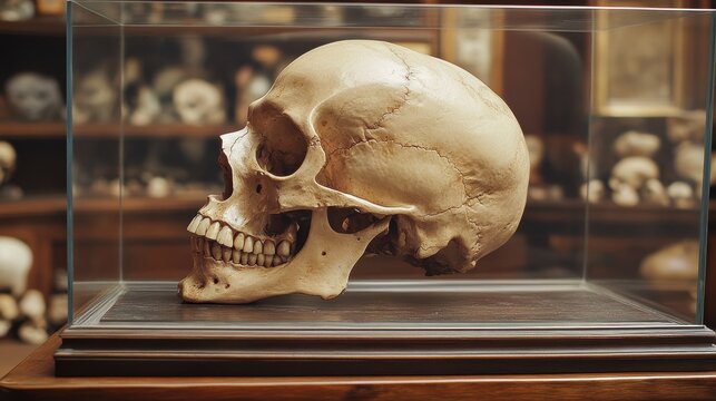 Human skull displayed in a glass case within a museum setting. - Powered by Adobe
