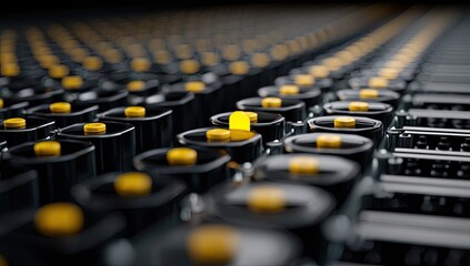 Obraz premium One Yellow Container Stands Out Among Many Black Containers in a Row: A Study in Visual Contrast and Industrial Design