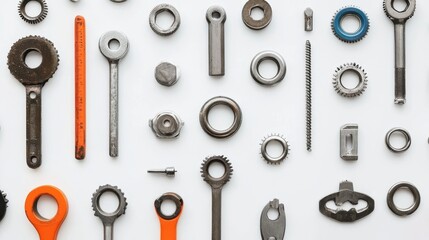 Various Tools and Fasteners on a White Surface for Crafts and Repairs