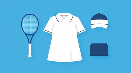 Tennis Outfit, Racket, Dress, Cap, Bag, Flat lay of tennis apparel, dress, racket, cap, bag