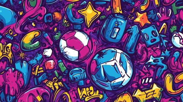 Graffiti art features soccer balls and various whimsical objects
