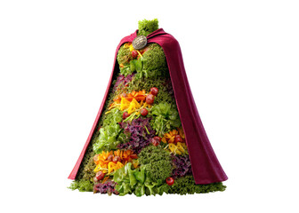 Dress made of fresh vegetables and a cape on a transparent background. Concept of healthy eating, vegetarianism, and creative food art.