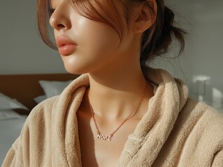 bond precious symbolic affectionate affection concept. A serene woman in a robe, illuminated by soft natural light.