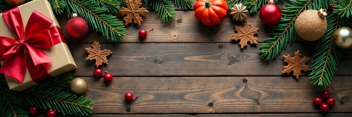 Festive holiday arrangement with gifts, ornaments, and seasonal decorations on wooden background.