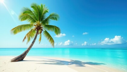 Single majestic palm tree on sandy island, clear turquoise water background , design, turquoise