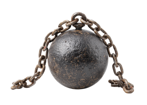 Old iron ball and chain on transparent background. Concept of imprisonment, restriction, and burden.