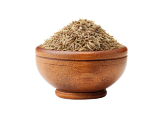 Cumin seeds in a wooden bowl isolated on transparent background. Concept of spices, cooking, and flavoring.