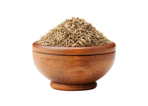 Cumin seeds in a wooden bowl isolated on transparent background. Concept of spices, cooking, and flavoring.