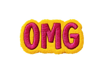 OMG embroidered patch on transparent background. Expressive exclamation with yellow and pink colors.