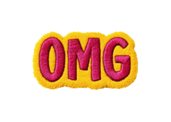 OMG embroidered patch on transparent background. Expressive exclamation with yellow and pink colors.