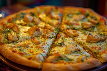 green curry chicken pizza on a rustic wooden table, the crispy thin crust highlighted in a lively, energetic restaurant ambiance