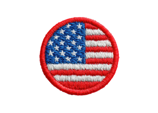 Embroidered patch of the American flag on a transparent background. Symbol of patriotism and national pride.