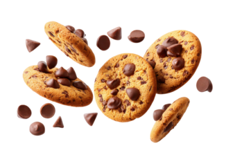 Chocolate chip cookies and chocolate chips levitating on a transparent background. Concept of sweets, dessert, and baking.