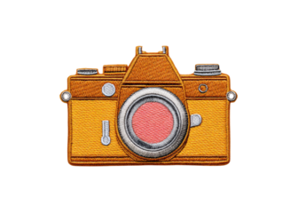 Retro camera embroidered patch on transparent background. Photography concept.