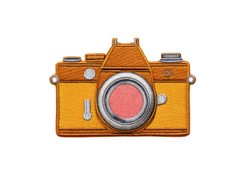 Retro camera embroidered patch on transparent background. Photography concept.