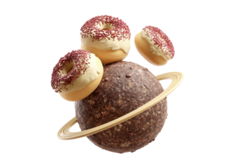 Creative concept of donuts arranged as planets in space. Sweet and playful food design on a transparent background.