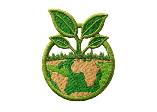Embroidered patch of the Earth with a plant growing out of it. Concept of environmental protection, sustainability, and ecology.
