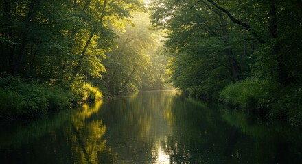 River flows through a green forest with sunlight filtering through the trees.