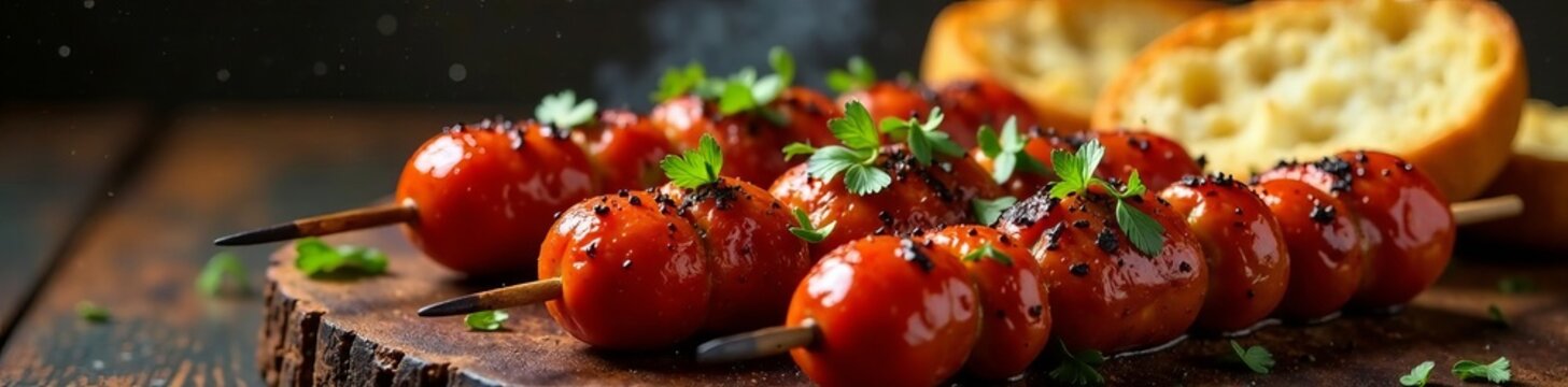 Delicious grilled vegetable skewers garnished with fresh herbs on a wooden cutting board.