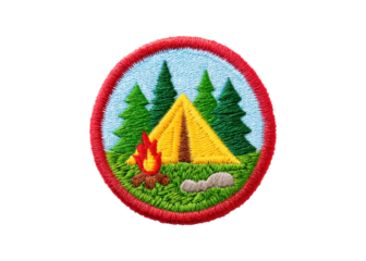 Camping badge with tent, trees, and campfire on transparent background. Represents outdoor adventure and scouting activities.