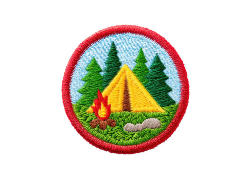 Camping badge with tent, trees, and campfire on transparent background. Represents outdoor adventure and scouting activities.