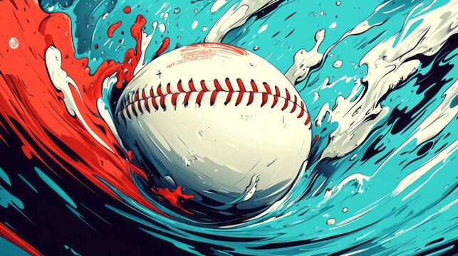 Stylized baseball graphic surrounded by dynamic red and blue swirls