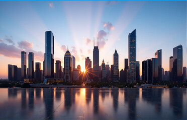 Fototapeta premium City Skyline at Sunset with Reflection