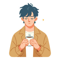 Thoughtful Man Holding Coffee Cup in Cozy Morning Illustration