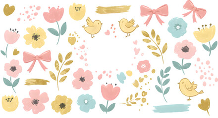 Adorable Pastel Floral and Bird Illustrations Perfect for Springtime Designs, Wedding Invitations, and Baby Announcements