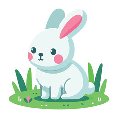 Cute White Bunny Sitting on Green Grass Adorable Animal Illustration