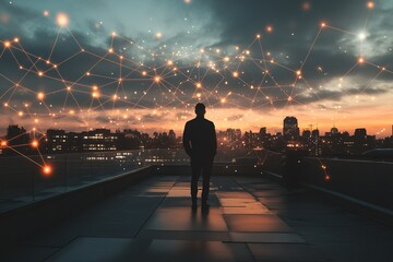 Silhouette of a person stands on a rooftop overlooking a city at dusk.