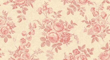 Floral pattern with pink roses and leaves on a beige background.