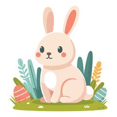 Cute Easter Bunny Vector Illustration with Eggs and Spring Grass