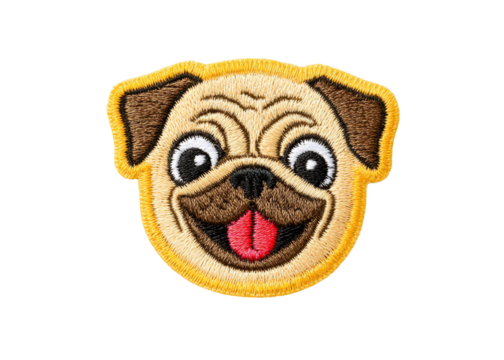 Cute pug dog face embroidered patch on transparent background. Funny cartoon animal.