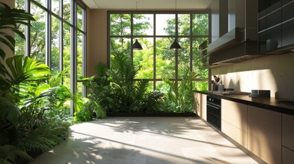 sleek modern kitchen illuminated by natural light, showcasing large windows and an array of lush plants that create a vibrant and welcoming space