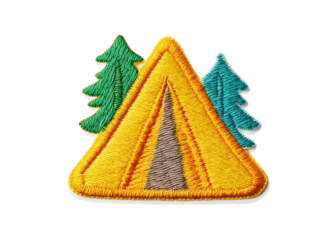Camping patch with tent and trees. Embroidered outdoor adventure badge.