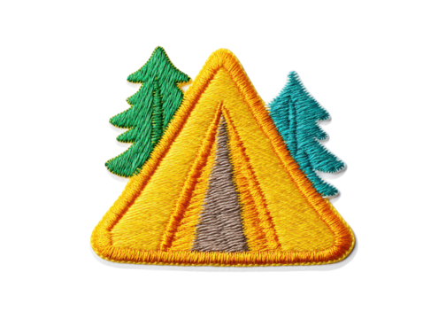 Camping patch with tent and trees. Embroidered outdoor adventure badge. - Powered by Adobe