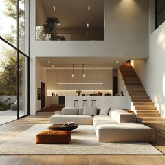 Modern Open-Plan Living Room with Kitchen and Staircase