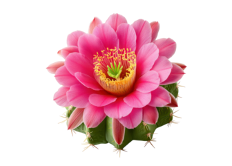 Close up of a vibrant pink cactus flower in full bloom against a transparent background. Floral beauty, nature, and desert plant concepts.