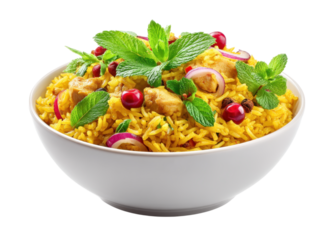 Delicious chicken biryani in a white bowl, garnished with mint, pomegranate seeds, and red onion. Isolated on black.