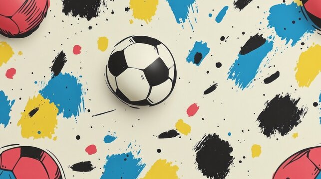 Footballs are surrounded by colorful abstract splashes and dots