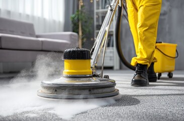 Fototapeta premium Deep Cleaning Carpet: Professional Steam Cleaning for a Fresh Home Environment